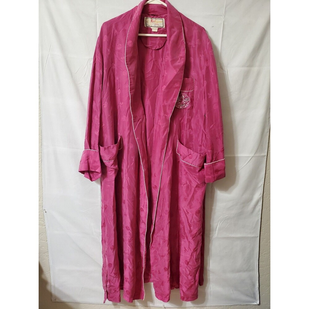 Vintage Solz Squirrel Kimono Robe Silk Magenta Size Large Belted Oriental Pocket